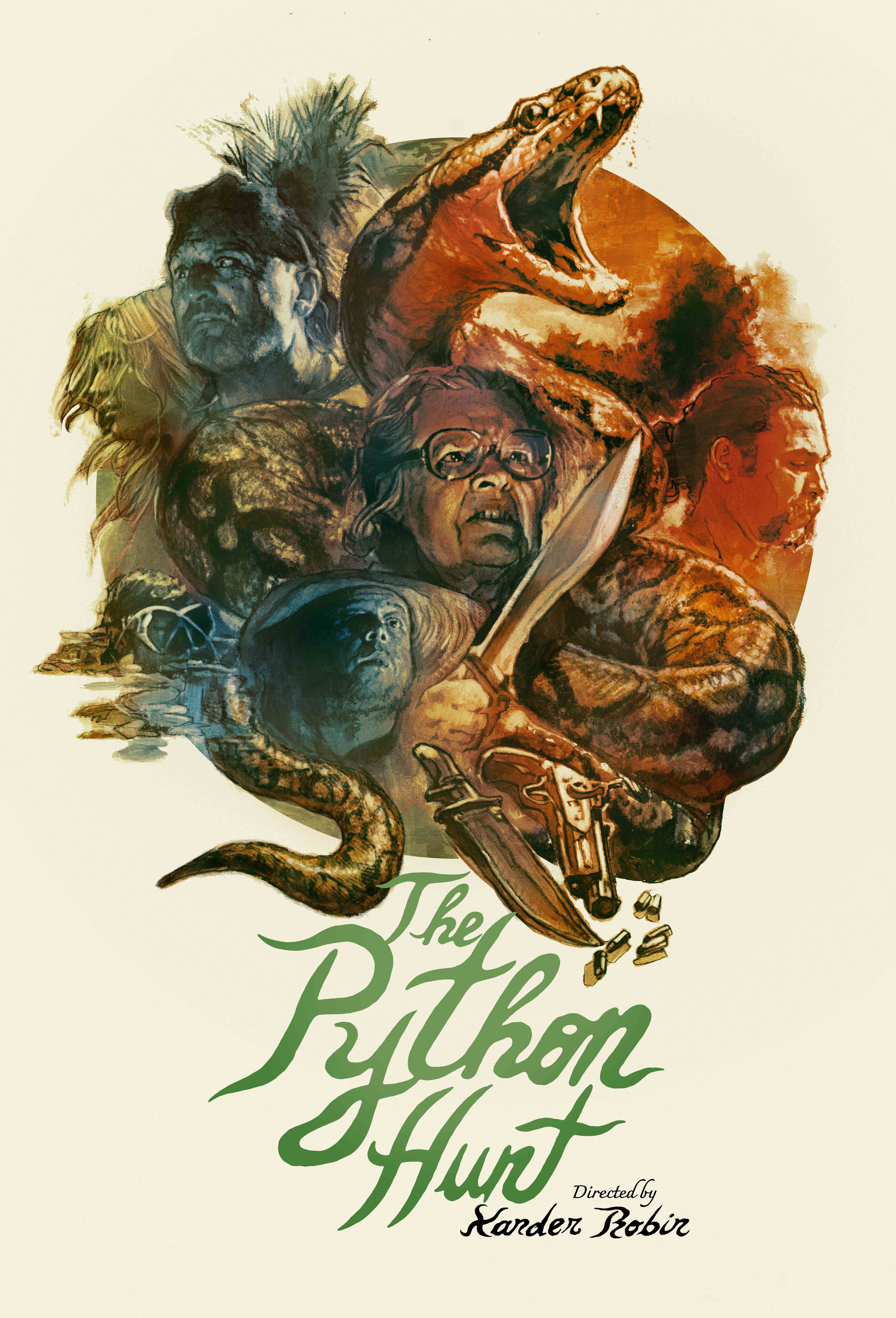 Python Hunt alternative movie poster by Tony Stella — a snarling Burmese python and Everglades hunters in painterly illustration